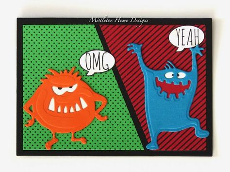 Simple comic strip card with opposites, Tim Holtz Silly Monsters Tim Holtz Silly Monsters, Simple Comic Strip, Simple Comic, Silly Monsters, May Challenge, Country View, Tim Holtz Cards, Opposite Colors, Comic Book Pages