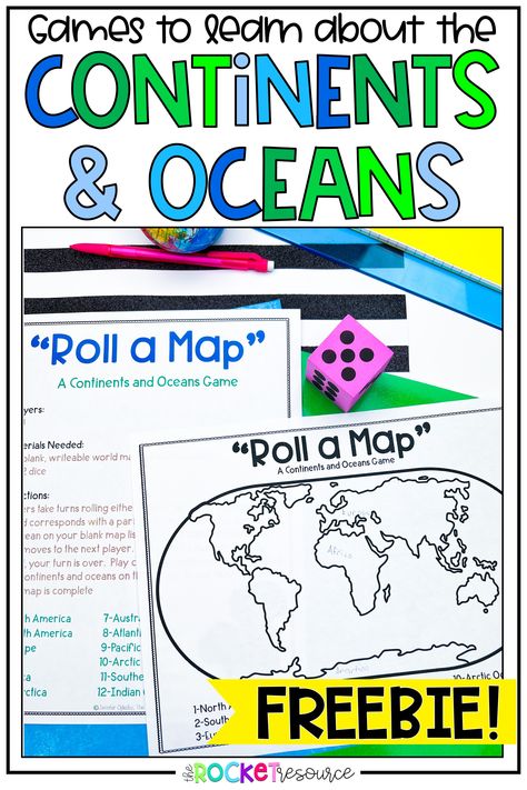 Your students will love learning about geography with these fun continents and oceans games! Learn the oceans and continents while having fun! Easy to make and practice identifying the continents and oceans. A free game is even included! Preschool Geography Activities, Continents Activities For Kids, Continent Activities For Kids, Geography Activities For Kids, 7 Continents Activities, Continent And Oceans Activities, Geography Preschool, Oceans And Continents Activities, Teaching Continents