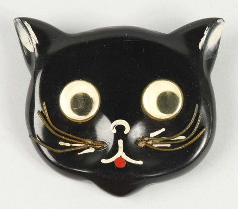 This bakelite kitty brooch has moveable eyes. Don't know what it sold for, but the estimate was $300-$500 US. Cats Jewelry, Googley Eyes, Bakelite Brooch, Bakelite Jewelry, Cat Items, Vintage Celluloid, Googly Eyes, Vintage Bakelite, Antique Brooches