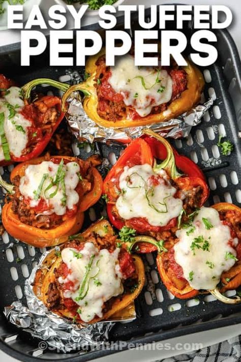 Air Fryer Stuffed Peppers - Spend With Pennies Stuffed Peppers Air Fryer Recipes, Cook Bell Peppers, Stuffed Bell Peppers Air Fryer Recipes, Cream Cheese Stuffed Peppers Air Fryer, Stuffed Bell Peppers Turkey Air Fryer, Easy Stuffed Bell Peppers Air Fryer, Air Fryer Stuffed Peppers, Lasagna Stuffed Peppers, Ground Turkey Stuffed Peppers