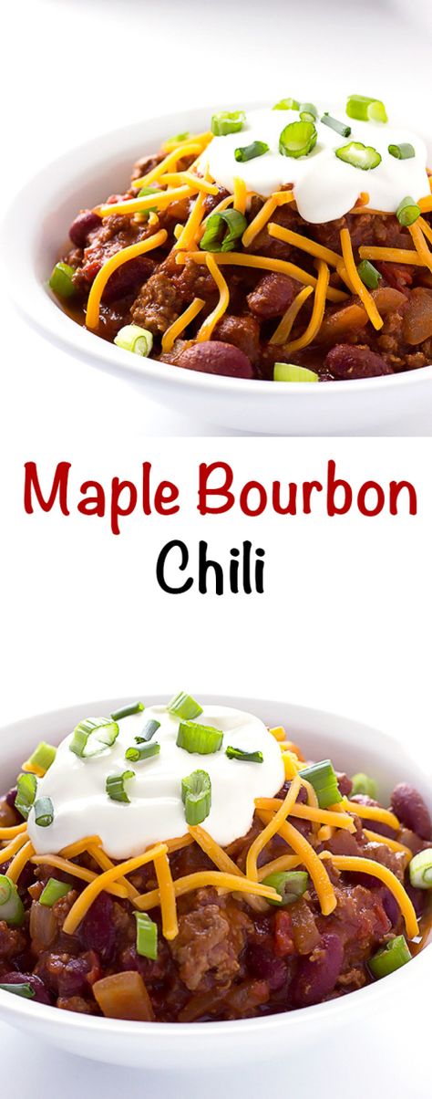 Bourbon Chili Recipe, Rich Chili Recipe, Bourbon Chili, Unique Chili Recipes, Beef And Bean Chili, The Wholesome Dish, Traditional Chili Recipe, Bourbon Recipes, Maple Bourbon