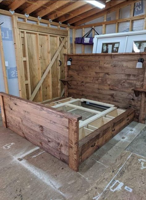 Cali King Bed Frame Diy, Rustic King Bed Frame, Custom Bed Frames, Western King Bed Frame, Western Bedframe Ideas, 2x4 Bed Frame Diy, Western Bed Frames, Diy Rustic Bed Frame, Cowhide Bedroom Ideas