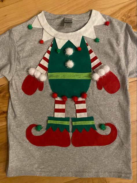 Elf T Shirt Ideas, Ugly Tshirt Ideas Diy, Diy Christmas Tshirts Ideas T Shirts, Ugly Christmas T Shirt Ideas, Ugly Christmas Shirts Diy, Diy Christmas T Shirts Ideas, Elf On The Shelf Ugly Sweater Diy, Easy Dyi Ugly Christmas Sweaters, Diy Ugly Xmas Sweater Ideas