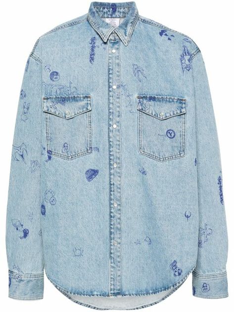 Printed Denim Shirt, Iphone C, Denim Shirts, Print Denim, Sketch Style, Embroidered Caps, Cycling Fashion, Denim Details, Printed Denim