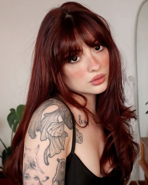 Goth Auburn Hair, Ginger Goth Aesthetic, Auburn Long Bob, Hair Color For Dark Eyes, Copper Hair Brown Eyes Olive Skin, Dark Copper Hair With Money Piece, Red Hair Over Brown, Red Hair For Brown Eyes, Red Hair Cool Skin Tone