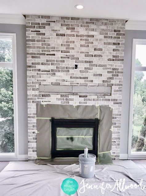 Light White Wash Brick Fireplace, Brick Fireplace Floor To Ceiling, Refinish Brick Fireplace, Grey Fireplace Brick, Gray Wash Brick Fireplace, Fireplace Brick Makeover, Full Wall Brick Fireplace Makeover, Painted Brick Fireplace With Wood Stove Insert, Repaint Fireplace Brick