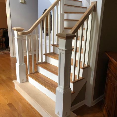 🌊 Project Spotlight: Ocean Stair Rails 🌊 🏠 Transforming Spaces with Elegance and Expertise! This week, we’re shining the spotlight on a stunning project showcasing our commitment to quality and craftsmanship. Check out this sophisticated all-wood railing installation: ✨ Project Features: 🔹Square Box Newels: Beautifully stained white for a sleek, modern look. 🔹Classic Red Oak Railings: Adding a touch of warmth and elegance. 🔹Primed White Square Balusters: A perfect blend of classic and co... White Stairs With Wood Top, White Railing Stairs, Red Oak Stairs, White Banister, Square Balusters, Oak Banister, Stair Newel Post, Stair Rails, White Stairs