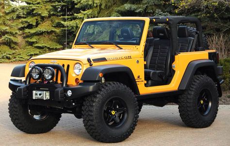 Yellow 2 door lifted rubicon Jeep Wrangler no top with a soft top option. Could do a 4 door too! 2 Door Jeep, Two Door Jeep Wrangler, Yellow Jeep, Jeep Concept, Cj Jeep, Hors Route, Jeep Cj7, Dream Cars Jeep, Cool Jeeps