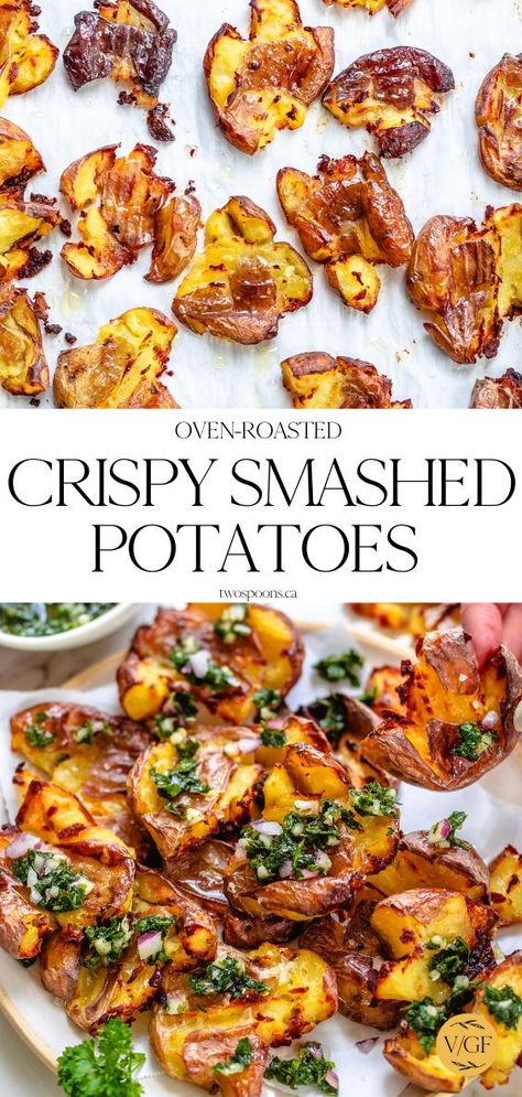 New Potato Side Dishes, Potatoes Smashed Roasted, Vegan Crispy Potatoes, Squashed Potato Recipes, Crispy Baked Vegetables, Crispy Smash Potatoes, Smashed Oven Roasted Potatoes, Potato Dishes Vegan, Crispy New Potatoes