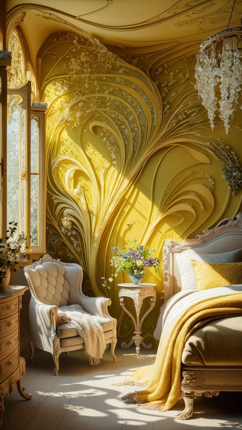 Step into a serene bedroom adorned with intricate Art Nouveau-inspired yellow wallpaper, featuring mesmerizing floral patterns. Sunlight dances through ornate windows, highlighting elegant antique furniture and a comfy vintage armchair. A whimsical chandelier sparkles above, while fresh wildflowers add a touch of nature. Experience tranquility and warmth in this inviting retreat. #ArtNouveau #InteriorDesign #HomeDecor #SereneSpaces Art Nouveau Bedroom Interior Design, Bedroom Mustard Yellow, Bedroom Mustard, Whimsical Chandelier, Art Nouveau Bedroom, Earth Colour Palette, Art Nouveau House, Vintage Armchair, Intricate Art