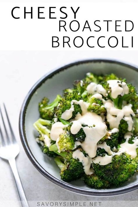 Roasted broccoli with cheese sauce is an easy, addictive side dish that comes together surprisingly fast! #broccoli #sidedish #savorysimple Broccoli With Cheese Sauce, Broccoli With Cheese, Cheese Sauce For Broccoli, Veggie Ideas, Garlic Roasted Broccoli, Pinterest Food, Homemade Cheese Sauce, Roasted Vegetables Oven, Cheese Sauce Recipe