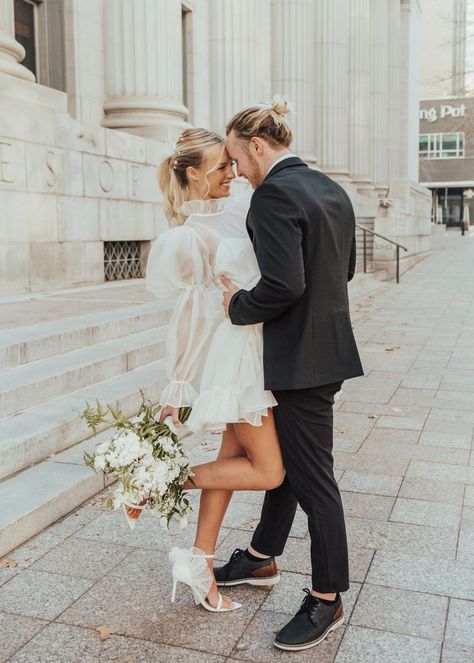 Luxury Courthouse Wedding, Micro Wedding Courthouse, Short Wedding Dress Pictures, Wedding Dress Semi Formal, Courthouse Wedding With Bridesmaids, Wedding At City Hall, Reception Dress And Sneakers, Atlanta City Hall Elopement, Little White Dress Engagement Photos