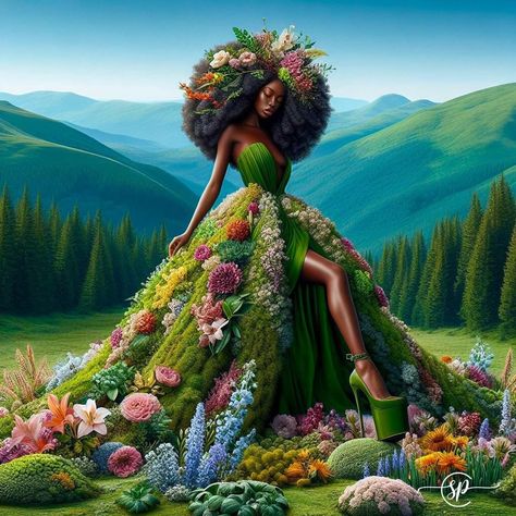 Nature Black Women, Black Mother Nature, Black Female Art, Mother Nature Art, Art Goddesses, Black Power Art, Black Woman Artwork, Black Goddess, Entryway Bathroom