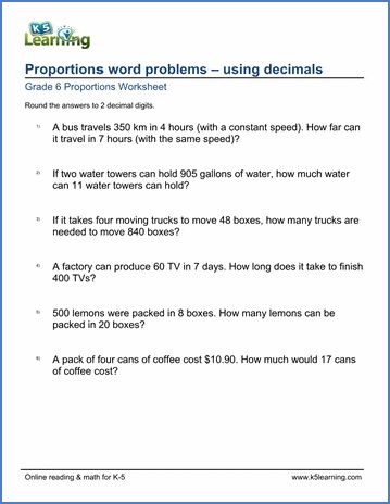 Grade 6 math worksheets on solving proportions word problems, using decimals. Free pdf worksheets from K5 Learning's online reading and math program. Grade 6 Math Worksheets, Proportions Worksheet, Solving Proportions, Decimal Word Problems, Grade 6 Math, Decimals Worksheets, Solving Word Problems, Free Kindergarten Worksheets, Word Problem Worksheets