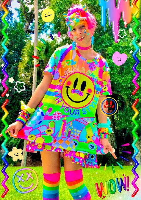 Acidwave Outfit, Decora Outfits Aesthetic, Hyperpop Outfit, Rainbow Aesthetic Outfit, Rainbowcore Outfit, Kidcore Aesthetic Outfits, Rainbowcore Fashion, Monster Juice, Fairycore Aesthetic Outfits