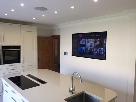 Wall Mounted TV in Kitchen Kitchen Tv Wall Ideas, Tv In Kitchen Ideas, Small Kitchen Tv, Tv Wall Ideas, Tv Unit Design Modern, Tv Ideas, Kitchen Tv, Tv In Kitchen, Entertainment Center Kitchen