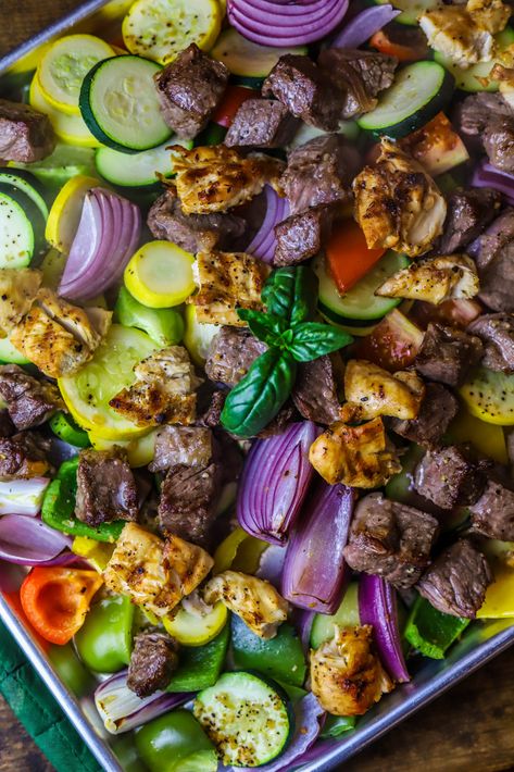 Sheet Pan Kabobs in the Oven via @turnrowtable Sheet Pan Shish Kabobs, Sheet Pan Kabobs, Sheet Pan Beef Kabobs, Sheetpan Sausage And Veggies Oven, Sausage Zucchini Sheet Pan Dinner, Oven Shish Kabobs, Green Apples Dessert, Kabobs In The Oven, Sheet Pan Chicken Zucchini Squash