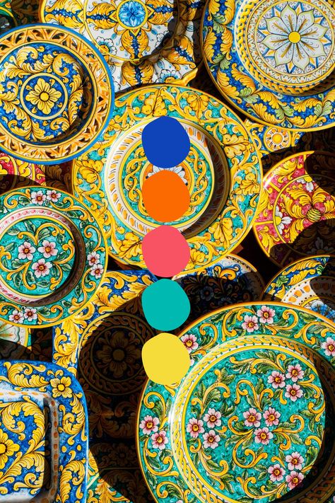 Colourful plates beautifully handcrafted by locals in Erice, Sicily. Photograph by @nattyflo on Unsplash #color #colorinspo #colorpalette #italy #yellow #orange #green #blue Orange Color Palettes Wedding, Capri Color Palette, Sicilian Color Palette, Sicily Color Palette, Italy Color Palette, Italian Color Palette, Mediterranean Palette, Colourful Plates, Erice Sicily