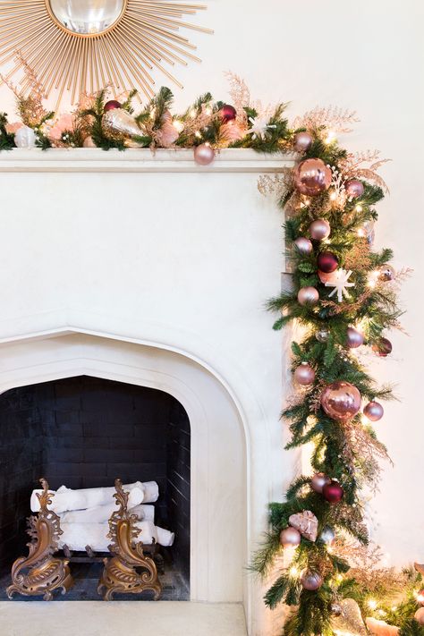 rose gold + rose quartz garland for the mantle. Rose Gold Christmas Decorations, Christmas To Do List, Mantle Garland, Rose Gold Decor, The Mantle, Rose Gold Christmas, Christmas Mantle Decor, Christmas Fireplace Decor, Rose Garland