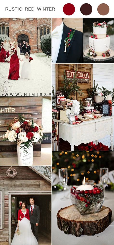 red rustic chritsmas wedding color inspiration for winter weddings  #weddings #weddingcolors #weddingideas Christmas Wedding Ideas On A Budget, Red Winter Wedding, Rustic Christmas Wedding, Winter Wedding Red, Christmas Wedding Inspiration, Mill Wedding, Wedding Color Combos, Rustic Winter Wedding, Pearl Flowers