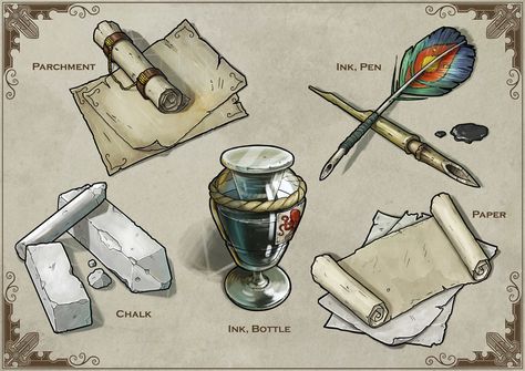 ArtStation - Item Cards: Writing tools, Michael Fitzhywel Focus Ideas, D Calligraphy, Holy Symbol, Dnd Items, D D Items, Writing Fantasy, Props Art, Dungeons And Dragons Game, Fantasy Props