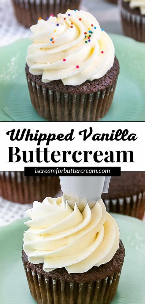 This whipped vanilla American buttercream frosting is a light and fluffy twist on traditional American buttercream and is ideal for topping cakes or cupcakes or to use as a filling. Best Homemade Frosting For Cupcakes, Pipeable Buttercream Frosting, Celestial Cupcakes, Buttercream For Piping, Whipped Icing Recipes, Vanilla Frosting For Cupcakes, Whipped Vanilla Frosting, Cupcake Icing Recipe, American Buttercream Frosting