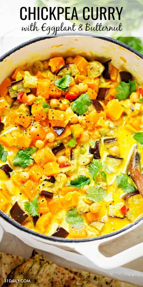 Deliciously seasoned with fragrant savory spices of curry, turmeric, and cinnamon, sweetened with honey, and incredibly delicious. It will be a weeknight dinner favorite! Simple Chickpea Curry with Eggplant and Butternut Squash | 31Daily.com #weeknightdinners #easyrecipes #healthyrecipes #chickpea #curry #31Daily Curry With Eggplant, Butternut Squash Recipe, Recipes Veg, 31 Daily, Curry Recipes Vegetarian, Eggplant Dishes, Vegetarian Curry, Squash Recipe, Butternut Squash Recipes