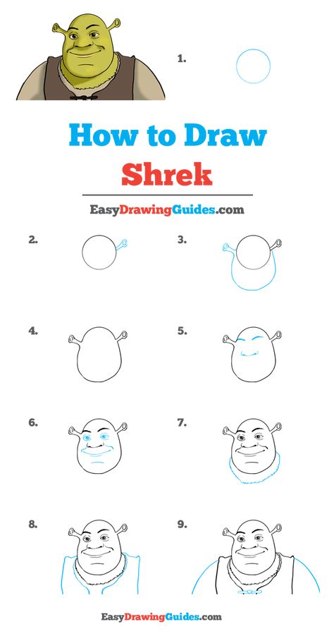 How to Draw Shrek - Really Easy Drawing Tutorial Shrek Craft Ideas, How To Draw Shrek, Shrek Drawing Easy, Shrek Doodle, How To Draw Cartoon Characters, Shrek Sketch, Easy How To Draw, How To Draw Disney Characters, How To Draw Easy