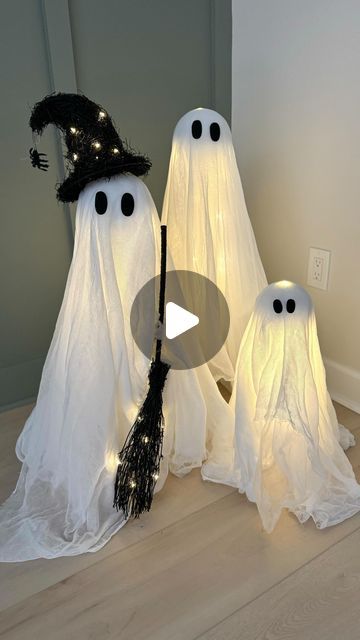 Kristen Blick on Instagram: "LIT Pottery Barn Ghosts and Witch Ghost 👻   These LIT ghosts from pottery barn were everywhere last year! People were making them as DIYS using a tomato cage, foam craft balls, sheets, Christmas lights and black felt craft fabric.  I’m still waiting on my 4 ft and 6 ft ghosts to arrive but the Witch Ghost is new this year and will probably go fast so I wanted to share!   ✨ I cannot wait to turn our basement into a spooky fun space for all the Halloween movies!! 👻 follow along & share with a fellow Halloween lover !! 👻  #fallcountdown #fallaesthetic #halloweencountdown #halloweeninspo #autumn2024 #autumnvibes #autumnaesthetic #autumncountdown #pumpkinseason  #halloween2024  #spookymonth #spookyscaryskeletons #spookyszn #cutehalloween #halloweenpartyideas" Diy Ghost Dollar Tree, Ghost Outdoor Decorations, Tomato Cage Ghost, Lawn Ghosts, Yard Ghosts, Diy Halloween Ghosts, Cheesecloth Ghost, Diy Ghost, Ghost Crafts