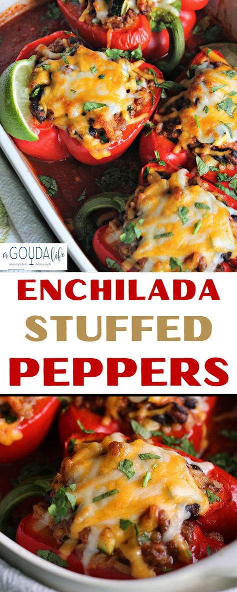 Quick and easy Mexican Stuffed Peppers - bell peppers filled with all your favorite enchilada flavors for a low carb treat -- ground beef, rice, black beans and cheese baked in a zesty enchilada sauce until golden and bubbly. #stuffedpeppers #mexicanstuffedpeppers #mexicanrecipe #mexicanfood #enchiladastuffedpeppers #lowcarbmexican #healthyrecipe #healthydinner #healthyfood #cincodemayo #agoudalife Stuffed Bell Pepper Enchilada, Stuffed Bell Peppers Mexican, Stuffed Bell Peppers Enchilada Sauce, Mexican Rice Stuffed Peppers, Healthy Stuffed Bell Peppers Ground Beef, Carne Asada Stuffed Bell Peppers, Stuffed Bell Peppers Ground Beef No Rice, Stuffed Bell Peppers Ground Beef Oven, Stuffed Cubenellas Peppers