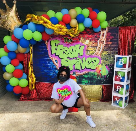 Fresh Prince Baby Shower Theme Boy, 90s Theme Baby Shower Ideas, Fresh Prince Of Bel Air Party Theme, Fresh Prince Gender Reveal, Fresh Princess Baby Shower Theme, Fresh Princess Birthday Party, Fresh Prince Baby Shower Theme, 90s Baby Shower Theme, Fresh Prince Birthday Party