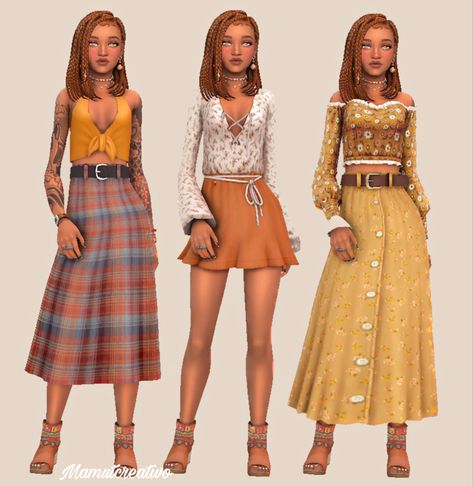 Sims 4 Country Cc Maxis Match, Sims 4 Boho Clothes, Boho Sims 4 Cc Clothes, Sims 4 Boho Cc, Sims 4 Base Game Outfits Ideas, Sims4 Outfits, Sims 4 Jobs, Sims Inspiration, Sims Clothes