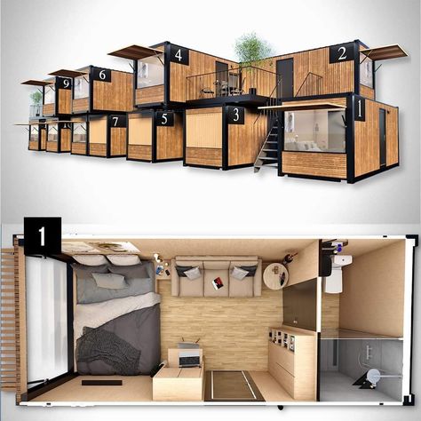 Container Hotel Design Ideas, Mini Hotel Design, Container House Design Floor Plans, Mini Hotel, Container Hotel, Apartments Exterior, Building A Container Home, Small Apartment Design, Sims House Plans