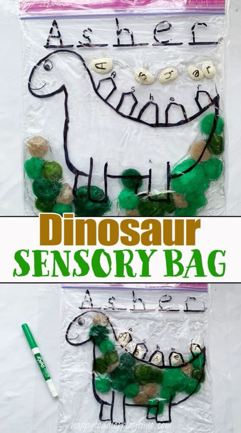 Dinosaur Sensory Bag: Easy Name Recognition Activity - Happy Toddler Playtime Dino Toddler Activities, Dino Crafts Toddlers, Dino Sensory Bin, Tots Activities, Dinosaur Sensory Activities, Dinosaur Sensory Bin, Name Recognition Activities, Sensory Play For Babies, Dino Craft