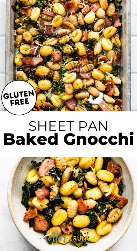 Comfort food at its finest, this Easy Gluten-Free Baked Gnocchi recipe features soft, pillowy baked gnocchi tossed with crispy kale, sweet, smoky bacon, and a tangy balsamic dressing. Cooked in 15 minutes and topped with savory Parmesan cheese it’s an easy weeknight meal that will have the whole family drooling! Easy Weeknight Gluten Free Dinners, Whole 30 Gnocchi Recipe, Paleo Gnocchi Recipes, Low Fodmap Gnocchi Recipes, Gluten Free Dairy Free Gnocchi Recipes, Gluten Free Dairy Free Gnocchi, Dairy Free Gnocchi Recipes, Gnocchi Recipes Vegan Dairy Free, Lowfodmap Easy Dinner