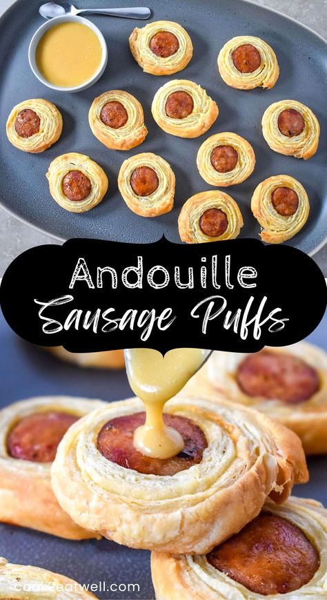 These andouille sausage puffs are a fancy take on pigs in a blanket. In this recipe, spicy andouille sausage is wrapped in puff pastry, baked until flaky and golden and served with a sweet and tangy Dijon mustard honey dipping sauce. Honey Dipping Sauce, Sausage Pinwheels, Sausage Puffs, Sausage Appetizers, Sausage Wrap, Cajun Sausage, Puff Pastry Appetizers, Pastry Appetizer, Holiday Appetizer