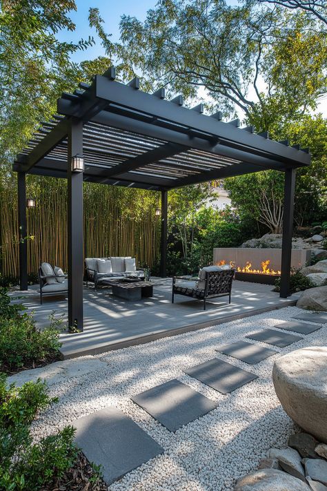 ♥ Are you dreaming of a modern and covered patio attached to your house? Get inspired by this Mediterranean design with aluminum elements, perfect for creating a cozy and stylish outdoor space. Explore ideas for shade, furniture, and decor to make your backyard patio a true oasis. #PergolaPatio #PatioDesign #OutdoorLiving 🌿🏡 Large Outdoor Patio Ideas, Large Patio Ideas, Cozy Backyard Patio, Beautiful Pergola, Pergola Patio Ideas, Pergola Design Ideas, Attached Pergola, Gazebo On Deck, Contemporary Gardens