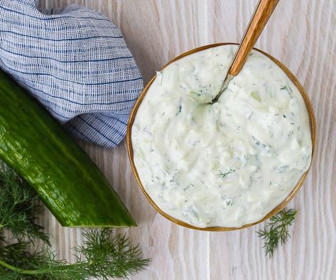 Yogurt Sauce Recipe, Greek Cucumber, Recipe Cucumber, Cucumber Yogurt Sauce, Tzatziki Recipe, Vegan Tzatziki, Roasted Poblano Peppers, Tzatziki Recipes, Cucumber Yogurt