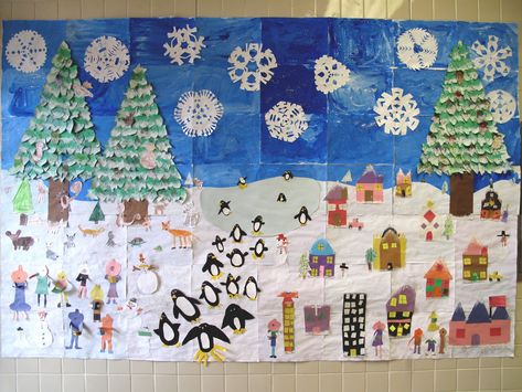 In the couple of weeks before we let out for Christmas Break, the elementary students created a Winter Mural. I wanted to do something diffe... Elementary Winter Art, Winter Mural, Winter Displays, Collaborative Mural, Winter Display, Winter Art Lesson, Elementary Art Rooms, Tree Collage, Collaborative Art Projects