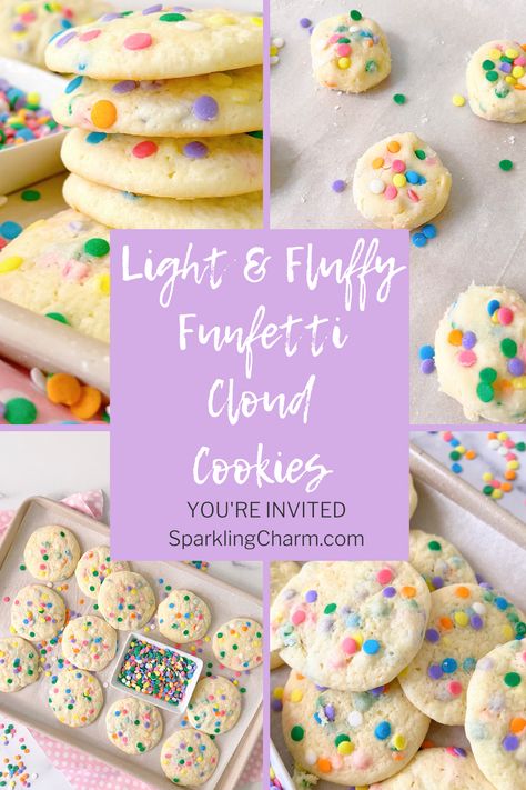 Light and fluffy like biting into a cloud, Funfetti Cream Cheese Cloud Cookies are a fun sweet treat to share and eat. #funfetti #birthdaycookies #creamcheese #cloudcookies #sprinklecookies Cloud Shaped Cookies, Funfetti Cream Cheese, Cloud Cookies, Cookie Birthday Party, Cheese Cookies, Cream Cheese Cookies, Sprinkle Cookies, Cake Flour, Birthday Cookies