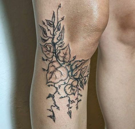 Wrap Knee Tattoo, Ivy Knee Tattoo, Poison Ivy Leg Tattoo, Ivy Rib Tattoo, Willow Tree Leg Tattoo, Vine Garter Tattoo, Earthy Leg Sleeve Tattoo, Alternative Flower Tattoo, Leafy Hip Tattoo