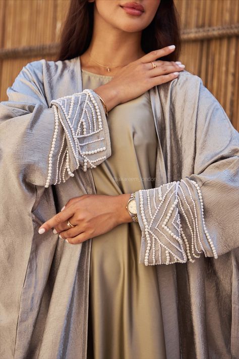 Eid abaya – Alkareem london Pearl Abaya, Luxury Abaya, Modern Modest Fashion, Elegant Abayas, Story Help, Fashion Abaya, Quiet Confidence, Morning Dew, Green Pearls