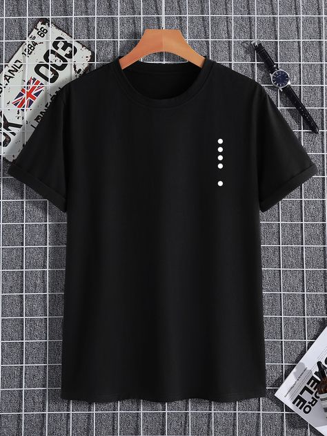 Black Casual  Short Sleeve Cotton Polka Dot  Embellished Slight Stretch Summer Men Tops Unisex Black Short Sleeve T-shirt, Black Plain T-shirt For Streetwear, Black Print Short Sleeve T-shirt For Streetwear, Black Ring-spun Cotton T-shirt For Streetwear, Black Cotton T-shirt With Moon Print, Creative T Shirt Design, Shirt Design Inspiration, Men Tops, Design Photo