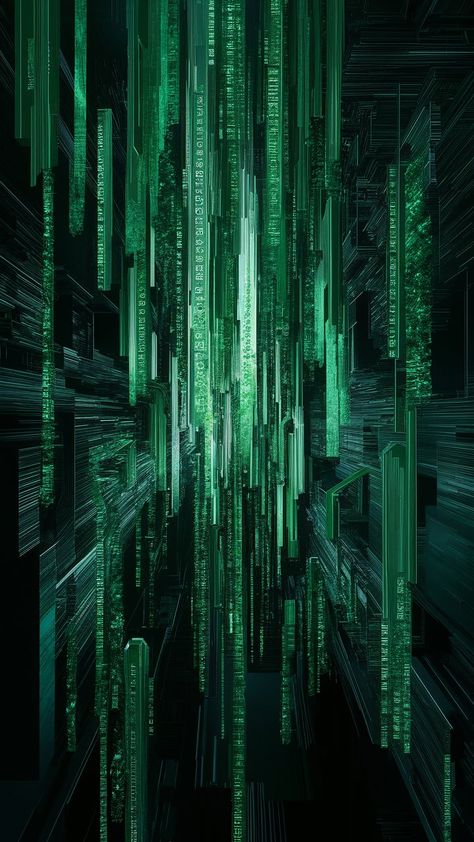 Dive into a mesmerizing digital wallpaper featuring cascading green glyphs and intricate geometric patterns. Inspired by Art Nouveau and Bauhaus, this design combines dynamic light and shadow with rich blacks and emeralds. Subtle glitch art elements add an edgy twist, creating a captivating visual experience that evokes digital mystique and technology's endless possibilities. Perfect for tech enthusiasts and digital art lovers. Hi Tech Wallpaper, Futuristic Pattern, Matrix Code, Dynamic Light, Code Wallpaper, Glitch Wallpaper, Art Elements, Glitch Art, Elements Of Art