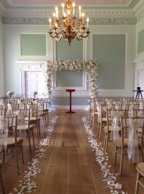 Stunning wedding flowers arch from wedding ceremony at Botleys Mansion. Dreamy and dramatic, with instant wow factor. Georgian Wedding Decor, Wedding Manor House, Old Mansion Wedding Decor, Botleys Mansion, Gloster House Wedding, Wedding Floral Chandelier Babies Breath, Rosecliff Mansion Wedding Ceremony, October Wedding Flowers, Rose Petals Wedding