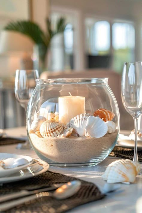 40+ Fresh and Fabulous Centerpiece Ideas for Your Kitchen Table Beach Wedding Reception Centerpieces, Beach Themed Wedding Centerpieces, Shell Centerpieces, Beach Centerpieces, Beach Wedding Centerpieces, Beach Wedding Reception, Tafel Decor, Diy Beach, Wedding Reception Centerpieces