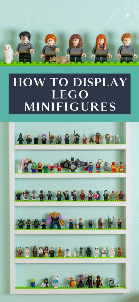 LEGO display shelves are crucial if you have a growing collection! Click for an easy DIY tutorial to create display shelves for your minifigures. This affordable, low budget project can be completed in less than an hour. A perfect LEGO organization idea to display your collection! Mini Figure Display Diy, Diy Lego Display, Lego Set Display Ideas, Lego Display Shelves, Lego Set Display, Lego Display Shelf, Lego Displays, Lego Shelves, Lego Display Ideas