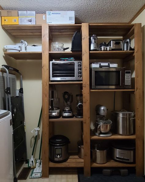 Kitchen Appliance Storage Tower, Kitchen Appliance Closet, Small Appliance Storage Ideas, Appliances Storage Ideas, Appliance Shelf, Kichen Remodel, Mini Kitchen Appliances, Appliance Closet, Basement Shelving