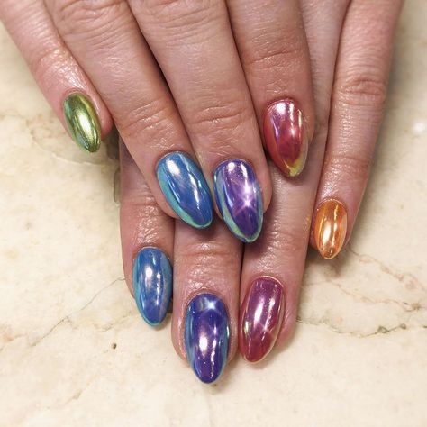 Rainbow Nails Chrome, Multicolour Chrome Nails, Chappel Roan Nails, Chrome Rainbow Nails, Multicolor Chrome Nails, Rainbow Chrome Nails, Gemstone Nails, Rainbow Chrome, Multicolored Nails