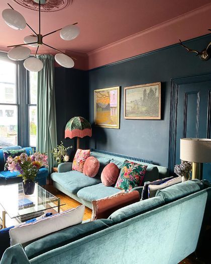 Soho House Colour Palette, Orange Ceiling, Wall Sitting, Kitchen Palette, Colourful Interiors, Ceiling Paint Colors, Pink Ceiling, Corner Sofa Set, Room Color